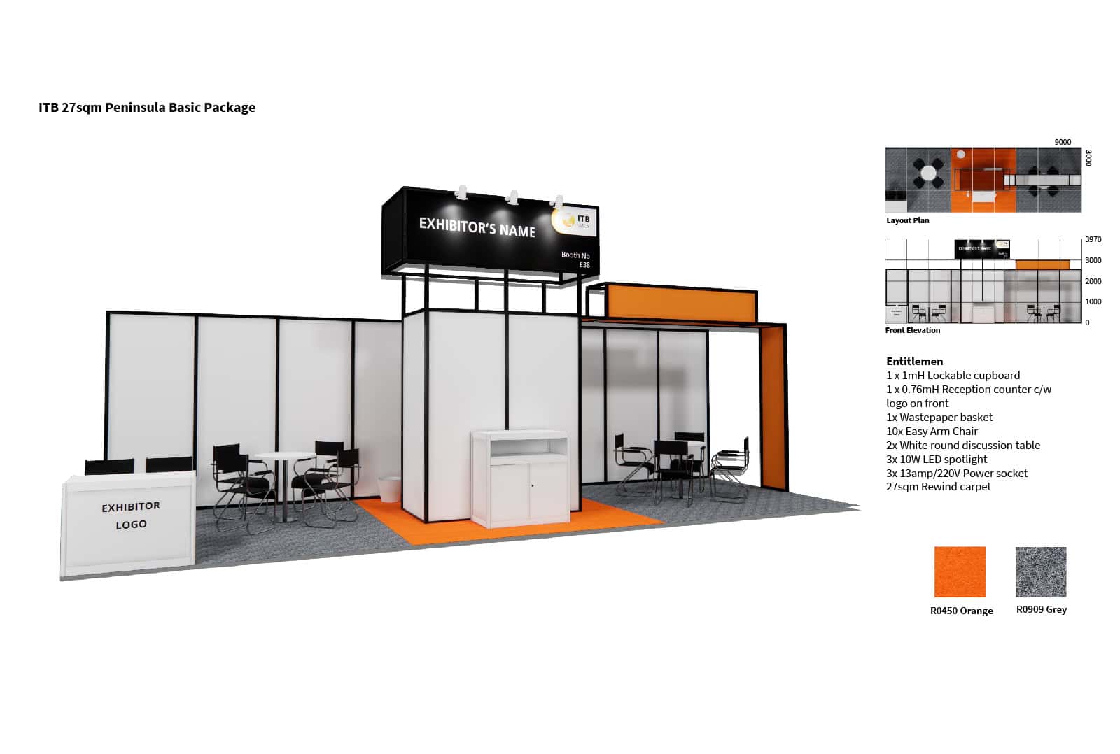 Modern travel trade booth design with black, white, and orange accents at ITB Asia 2026.