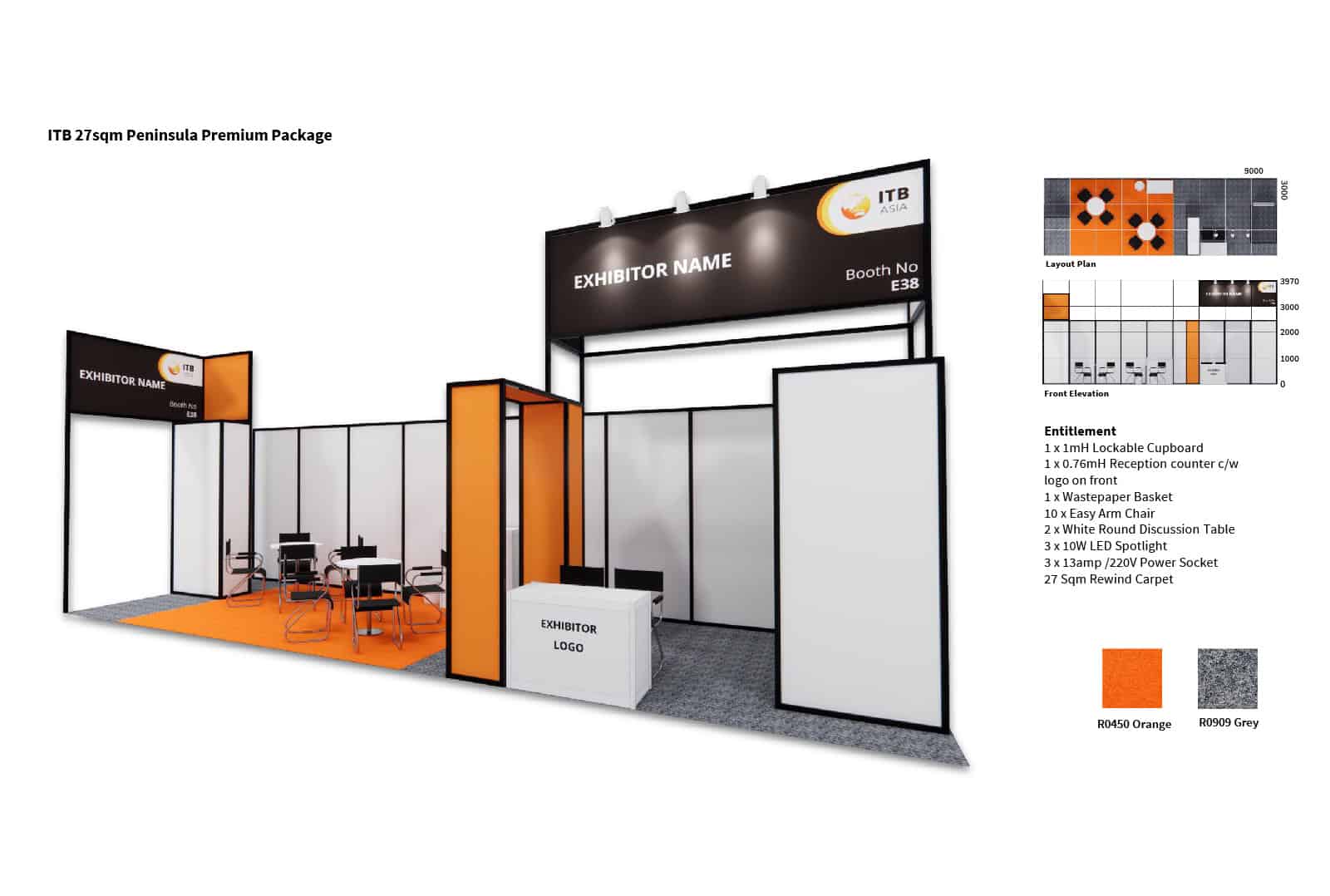Modern trade show booth design for ITB Asia 2026, featuring branding, meeting areas, and professional setup in Singapore.