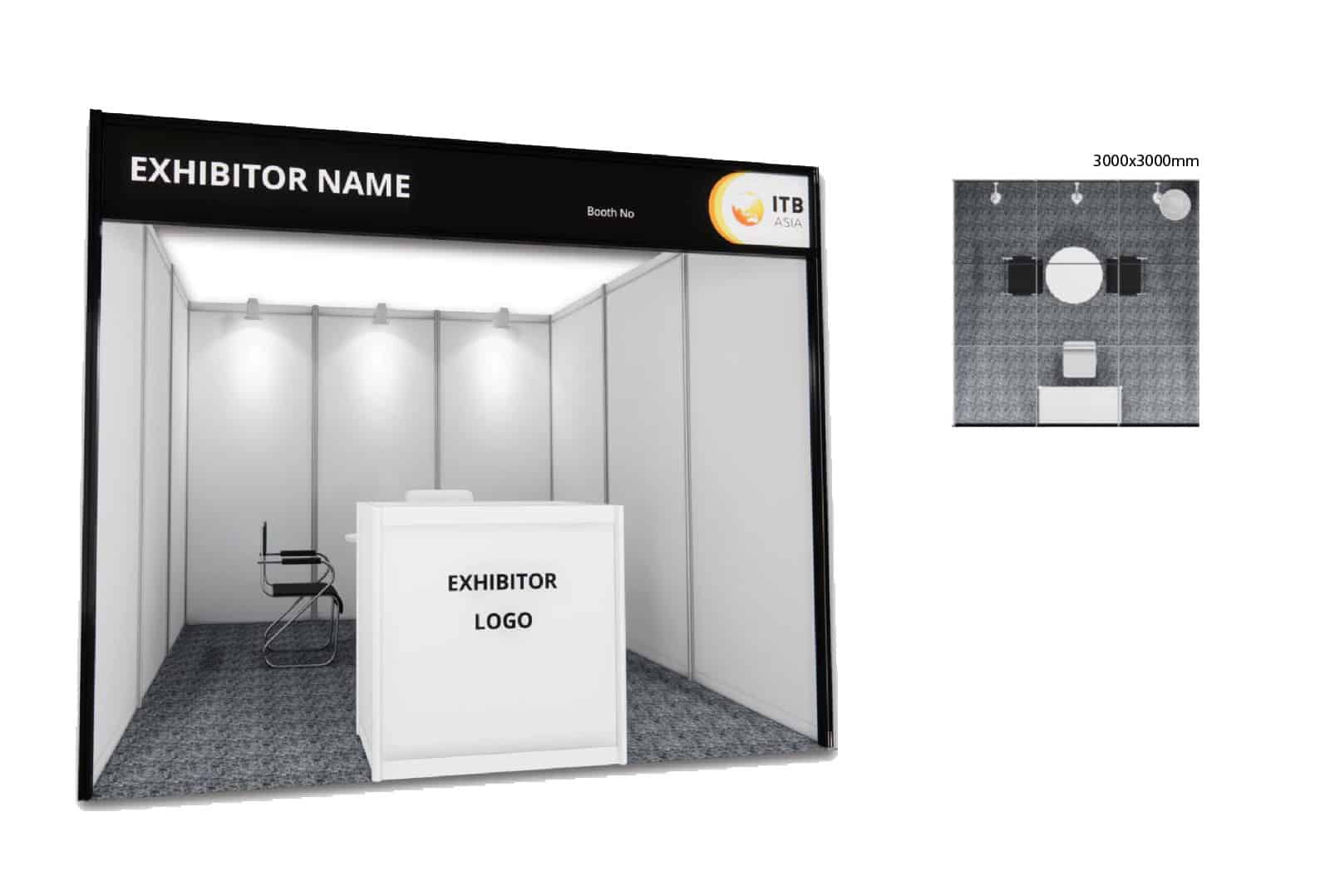 Bright trade show exhibition booth with ITB Asia branding and seating area for meetings.