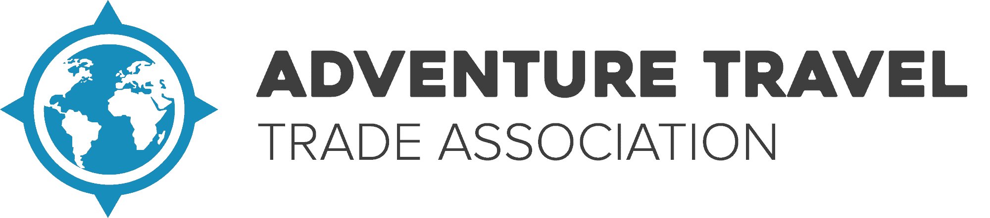 World map globe with Asia highlighted, Adventure Travel Trade Association logo for travel events.