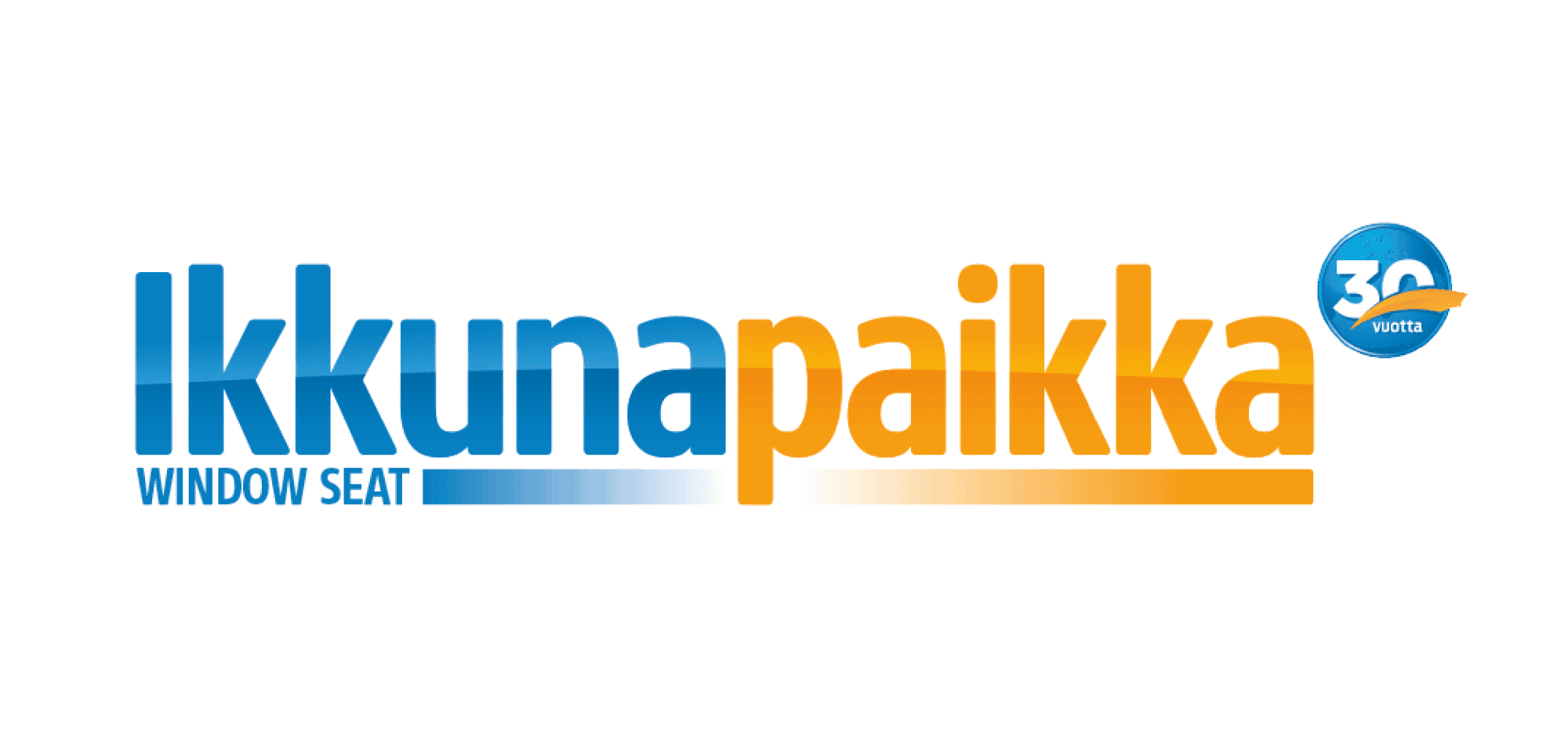 Blue and orange IkkunaPakka logo celebrating 30 years with window seat text and gradient design.