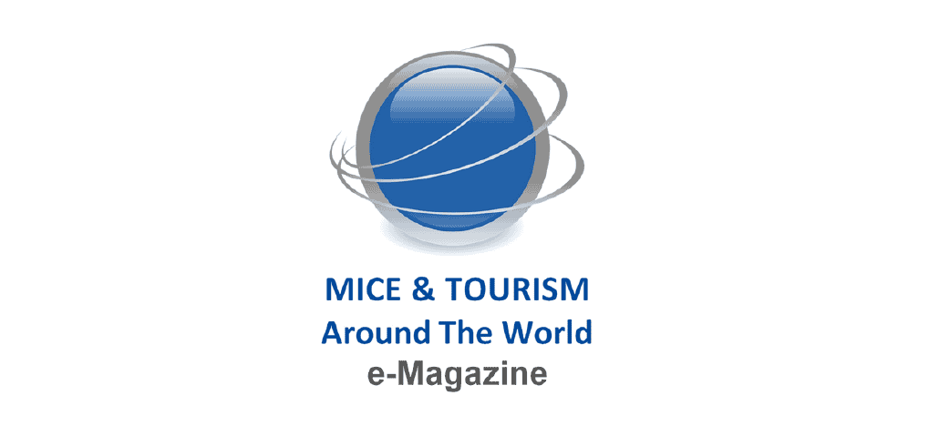 Blue globe with orbit lines, representing global travel and tourism.