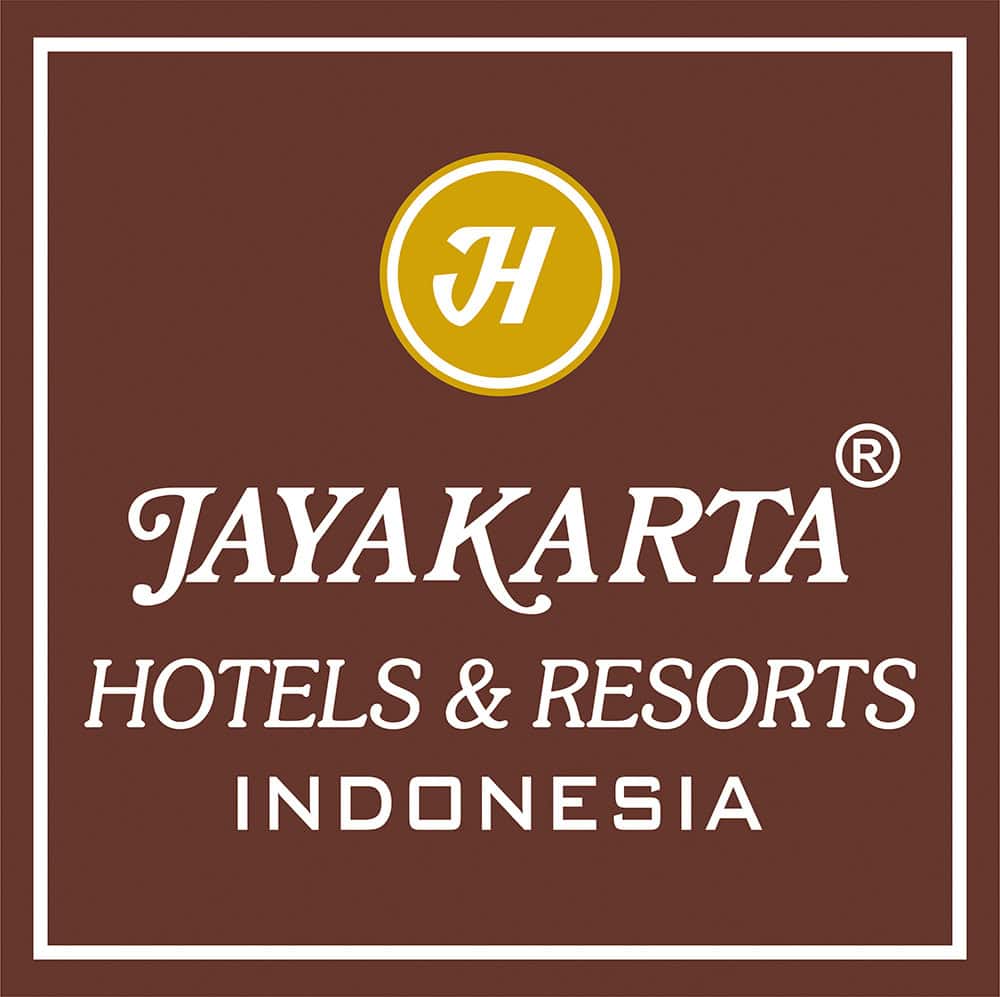 Elegant hotel logo with "Jayakarta Hotels & Resorts Indonesia" text on a brown background.