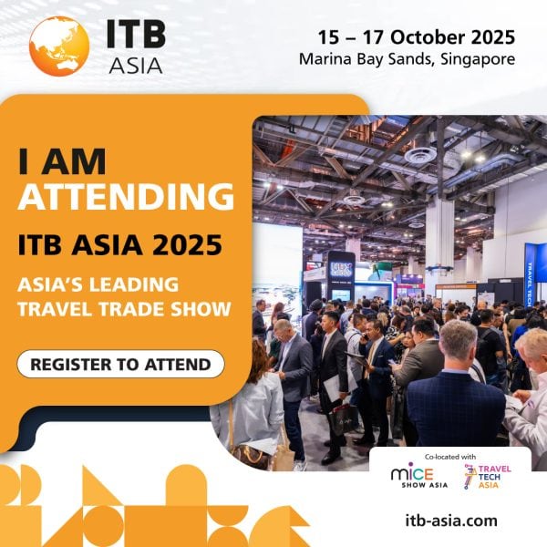 Bright crowded exhibition hall at ITB Asia 2025 travel trade show in Singapore.