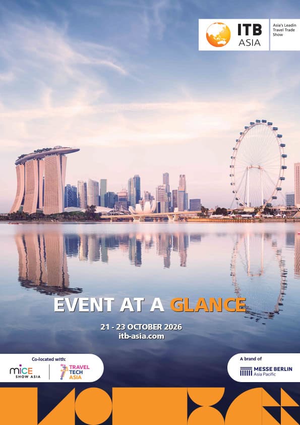 Iconic Singapore skyline with Marina Bay Sands & Singapore Flyer, promoting ITB Asia 2026 travel trade show.