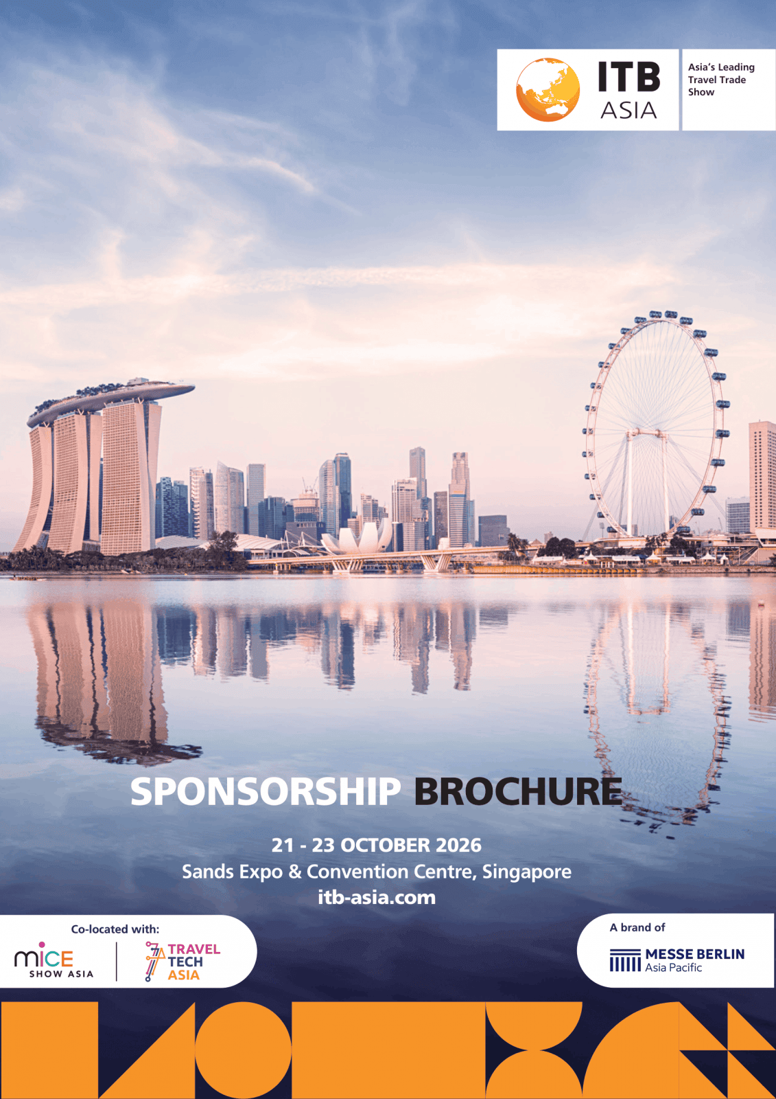 ITB Asia 2026 travel trade show in Singapore with city skyline and Ferris wheel.