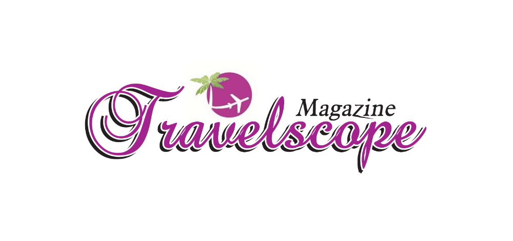 Travelscape Magazine logo with purple text and a green leaf on a white background.