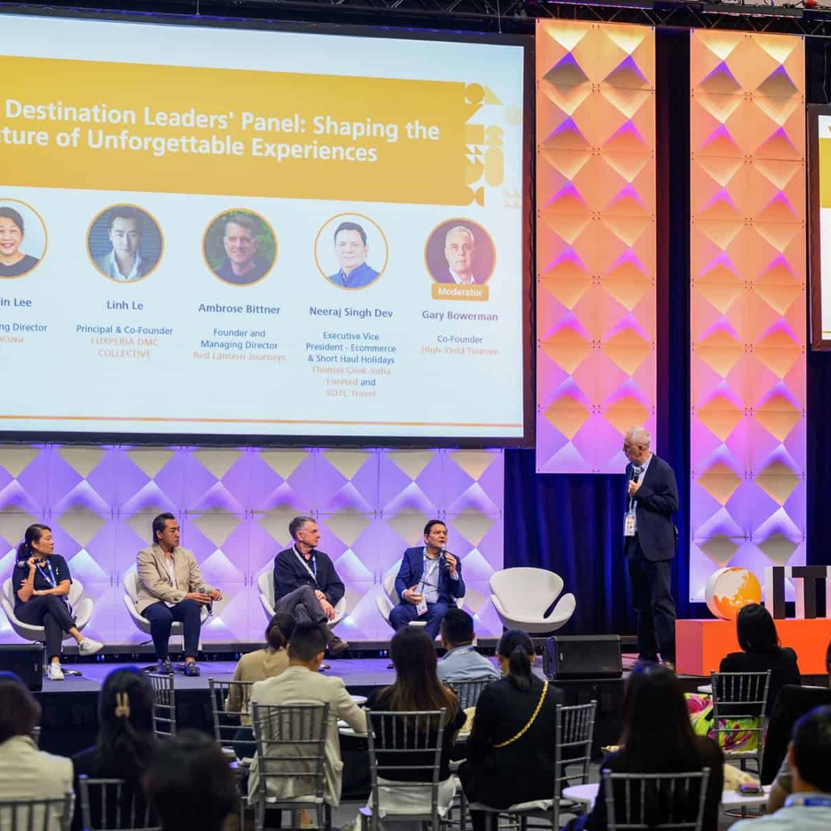 Diverse panel discussion at ITB Asia 2026 travel trade show in Singapore, focusing on future travel experiences.
