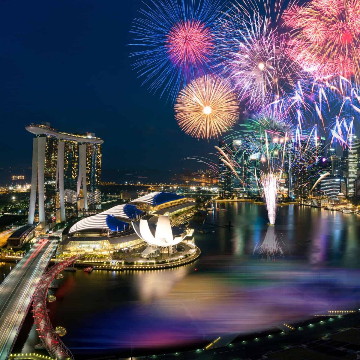 Colorful fireworks over Marina Bay Sands in Singapore during ITB Asia 2026.