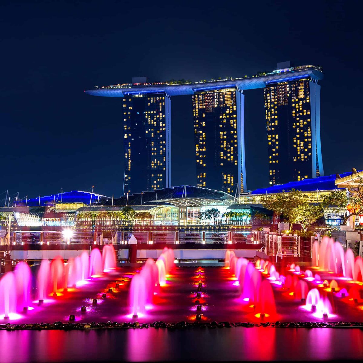 Night view of Marina Bay Sands with colorful fountains in Singapore.