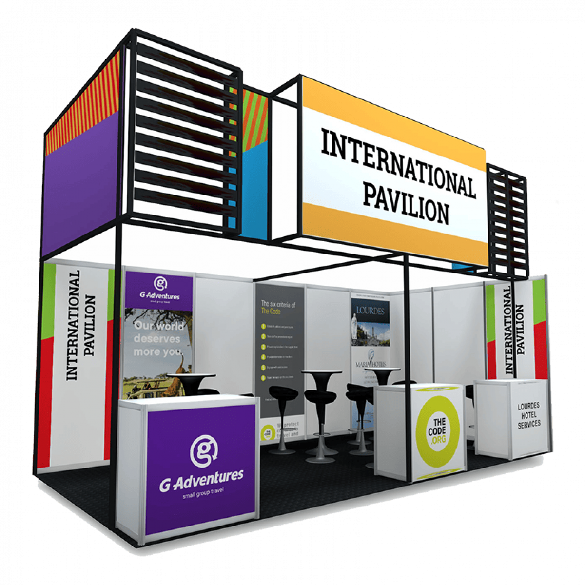 Vibrant international pavilion booth at ITB Asia 2026 travel trade show in Singapore.